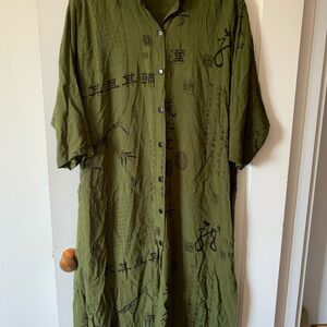 Green Button-Up Dress with Black Print